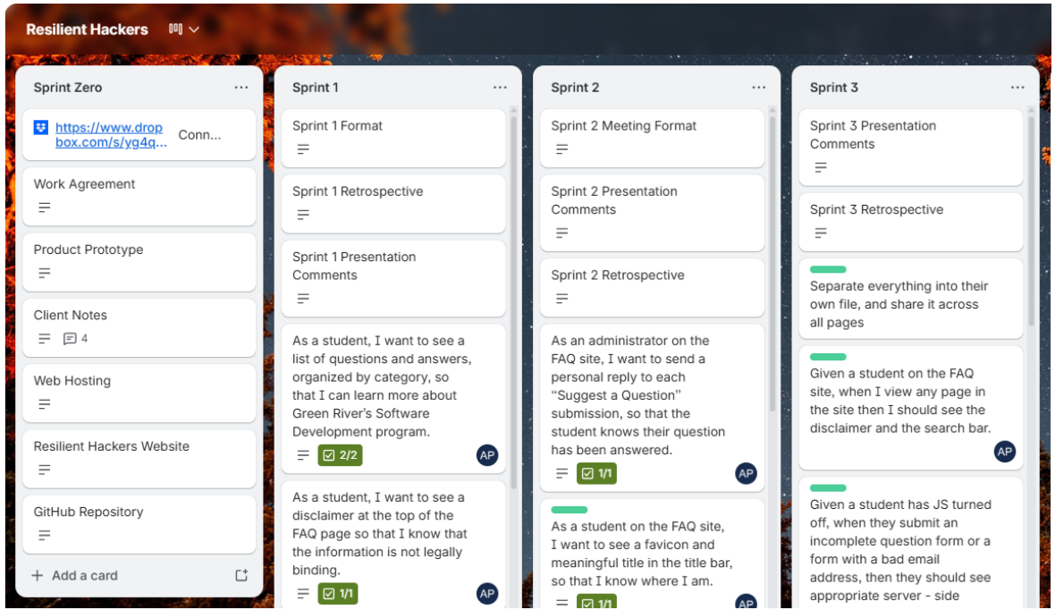 Student sprint board example showing Trello columns for Sprint Zero through Sprint 3